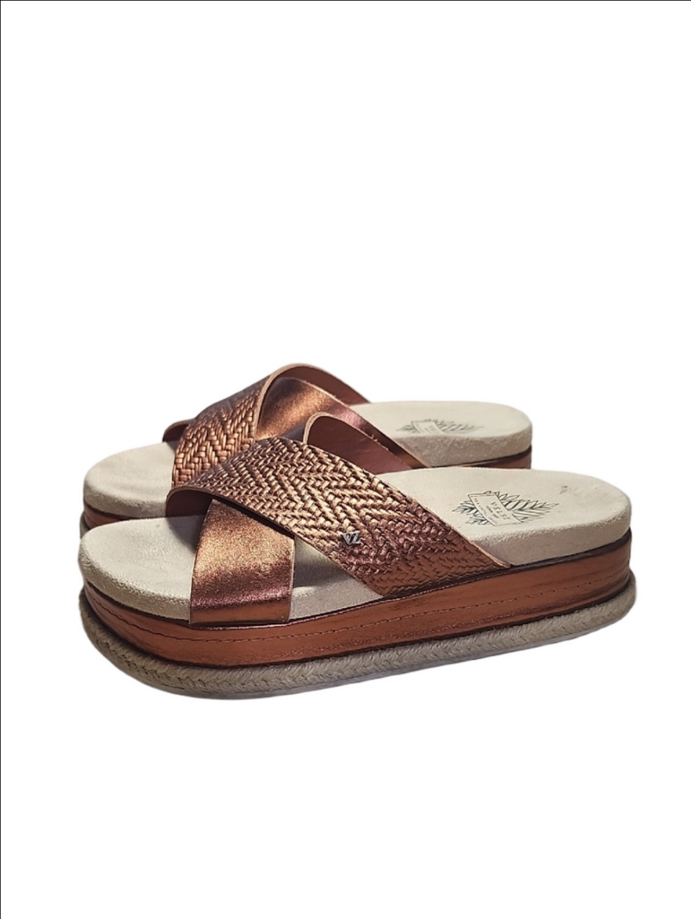 VELEZ Bronze leather platform espadrilles slide sandals
